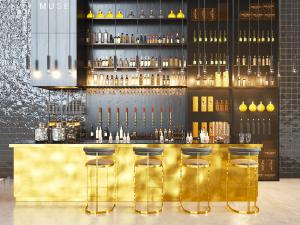 后现代金色酒吧吧台酒柜3d模型 后现代金色酒吧吧台酒柜