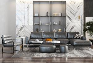 后现代黑色皮革转角多人沙发休闲椅子组合