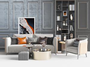 现代轻奢多人单人沙发方形坐墩茶几组合