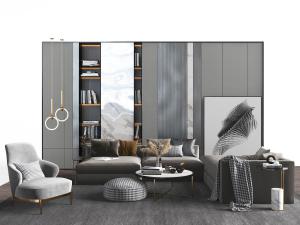 现代布艺转角沙发单人沙发茶几组合