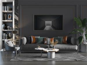 现代灰色布艺长沙发休闲椅子茶几组合