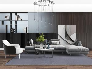 现代无靠背布艺多人单人沙发茶几组合