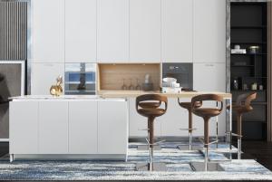 现代白色整体橱柜中岛吧台吧椅