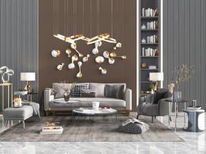 现代灰色多人单人沙发茶几沙发凳组合