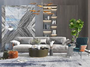 现代布艺多人沙发休闲椅子茶几组合