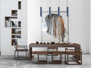 中式实木长方形茶桌椅组合