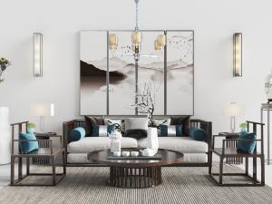 中式实木边框的多人沙发、扶手椅和茶几组合