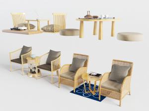 日系实木茶桌椅藤编休闲椅子组合