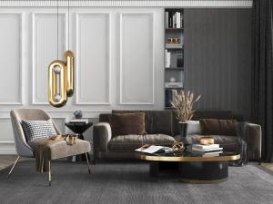 新中式多人沙发休闲椅子茶几组合