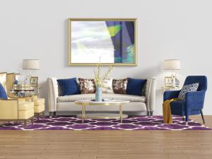 美式布艺白色多人单人沙发茶几组合