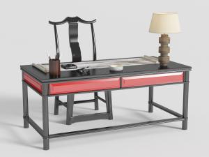 新中式黑色红色撞色书桌椅组合3d模型 新中式黑色红色撞色书桌椅组合