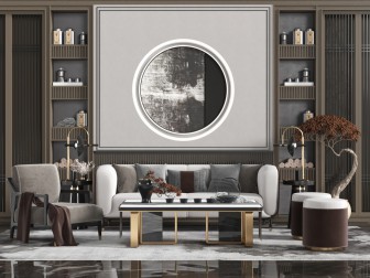 新中式多人单人沙发茶几组合