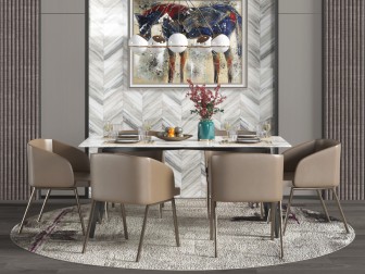 现代长方形大理石餐桌椅组合