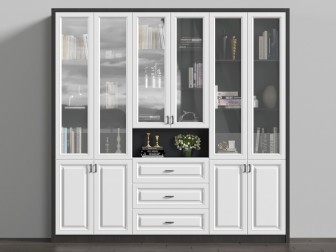 北欧白色玻璃柜门的装饰书柜