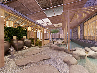 新中式酒店过道走廊浴池景观