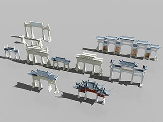 中式牌坊大门、像狮子的石雕