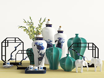 新中式陶瓷器皿花瓶花卉摆件组合