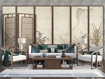 中式实木边框的多人沙发单人沙发茶几组合