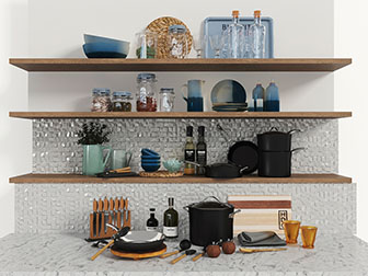 北欧实木隔板上的调料瓶锅厨具3d模型 北欧实木隔板上的调料瓶锅厨具