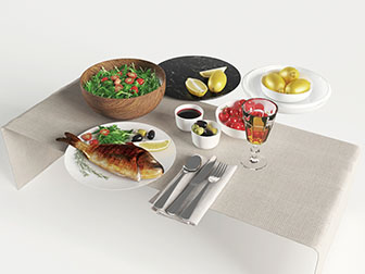 装在盘子里的煎鱼水果蔬菜餐具3d模型 装在盘子里的煎鱼水果蔬菜餐具