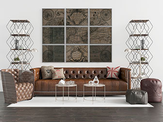 美式真皮多人沙发单人沙发坐墩组合