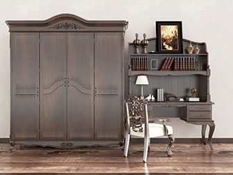 欧式古典实木衣柜书桌椅组合