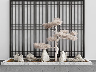 中式玄关松树石头景观小品