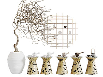 中式花盆枯枝茶几