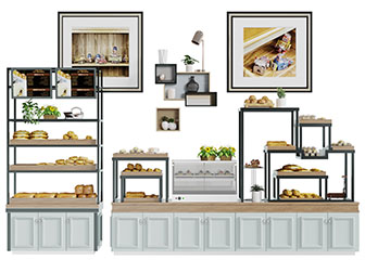 北欧下层实木收纳上层金属面包糕点货架展柜3d模型 北欧下层实木收纳上层金属面包糕点货架展柜