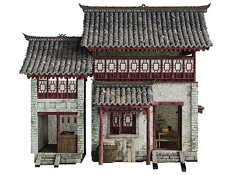 中式斜顶瓦片阁楼砖墙建筑