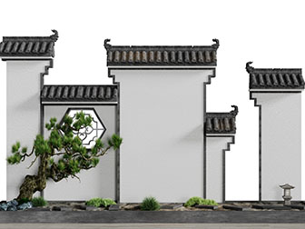 徽派马头墙松树花坛园艺小品
