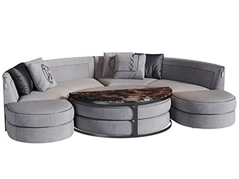 现代灰色半圆布艺多人沙发茶几组合