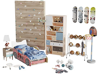 现代儿童床攀岩墙滑板篮球体育设备3d模型 现代儿童床攀岩墙滑板篮球体育设备