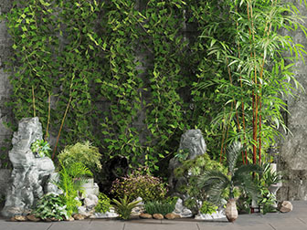 中式假山石头藤蔓植物墙园艺小品