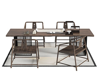 中式实木长方形实木茶桌椅组合