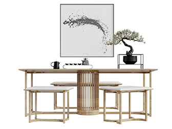 中式实木长方形茶桌凳子组合