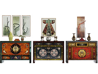 中式复古做旧装饰花纹的玄关柜边柜