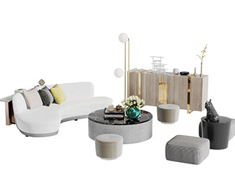 新中式白色多人沙发茶几组合