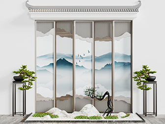 中式松树假山盆景屏风景观小品