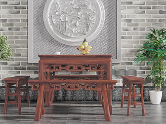 中式古典红木雕花端景台餐桌凳子组合