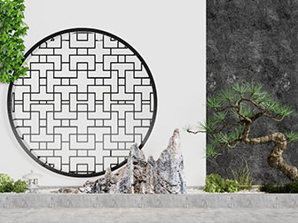 中式庭院松树假山背景墙园艺小品