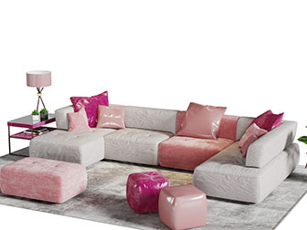 现代粉色拼接的转角多人沙发坐墩