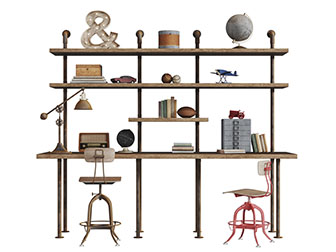 工业风实木板金属管装饰收纳架书桌椅组合