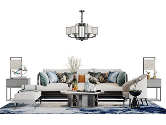 中式布艺多人沙发贵妃椅茶几组合