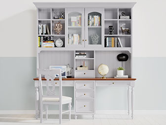 美式灰色实木带书柜的书桌椅组合