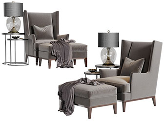 美式布艺单人沙发脚踏3d模型 美式布艺单人沙发脚踏