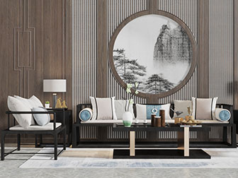 新中式实木多人沙发休闲椅子茶几组合