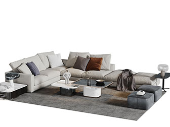 现代转角多人沙发方形坐墩茶几组合