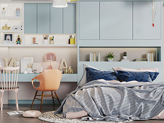 现代儿童房带收纳床头的双人床