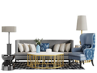 新中式布艺多人单人沙发茶几组合